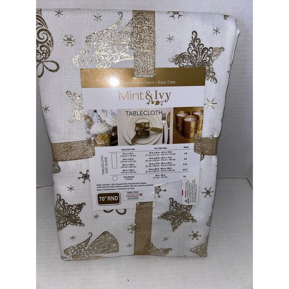 70" round tablecloth white with gold holiday pattern ornaments - Picture 3 of 9